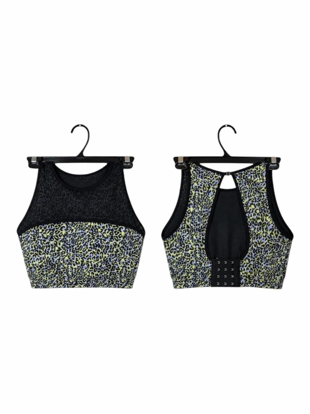 Bravissimo Sports Bra Women 32I Blue Yellow Leopard Print Mesh Keyhole Athletic